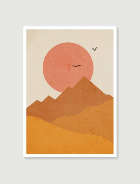 istock Mountain wall art. Vector earth tones landscapes backgrounds with moon and sun. Abstract arts design for wall framed prints, poster, cover, home decor, canvas prints, wallpaper. 1303262415