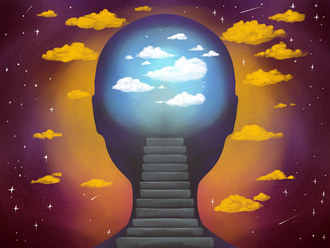 illustration of a human head with a light consciousness and a ladder to achieve harmony and health. The path to freedom, to the health of mind and body, awakening, spirituality