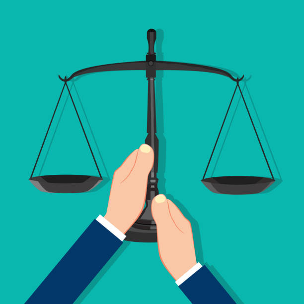 istock Two hands holding the scales. concept of justice and decide vector 1303263571
