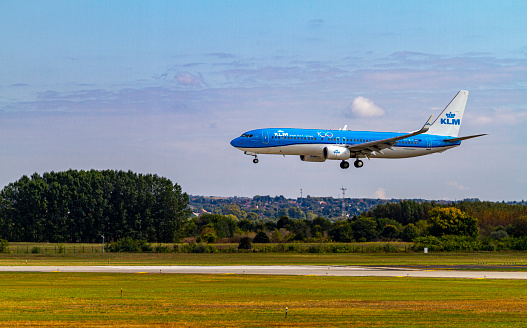 Budapest Hungary Sept. 22, 2019: KLM Airline Boeing 737 is about to land - on a busy day - at Budapest \