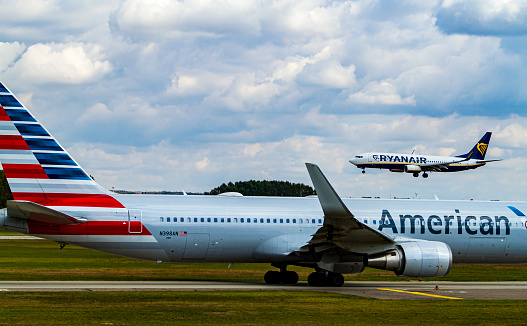 Budapest Hungary Sept. 22, 2019:  American Airlines Boeing 767 is about to land - on a busy day - at Budapest \
