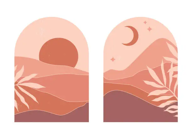 Vector illustration of Abstract mountain landscapes in arches at sunset with sun and moon in an aesthetic, minimalist mid century style in natural earthy tones, terracotta and beige. Abstract trend line art.