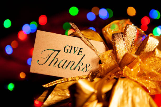 istock Give thanks - text on a gift box label with a large gold bow, close-up, on a blurred holiday background with early colored highlights. 1303271499