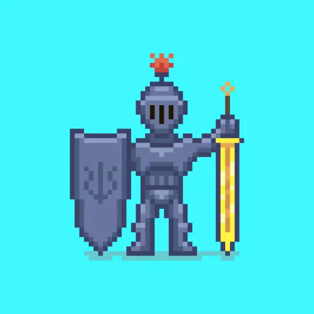 Vector illustration of simple flat pixel art illustration of medieval guard knight with sword and shield in hands