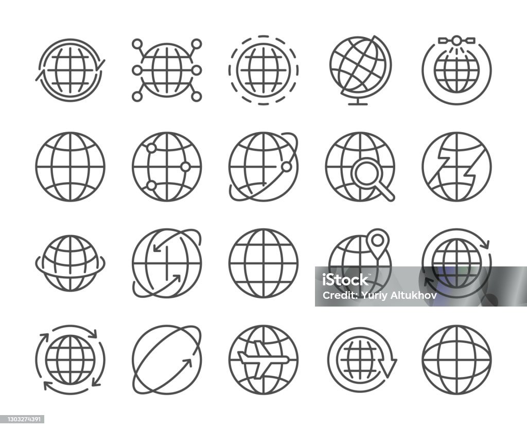 Icono del globo. Se establecen iconos de línea de comunicaciones globales. Ilustración vectorial. Trazo editable. - arte vectorial de Ícono libre de derechos