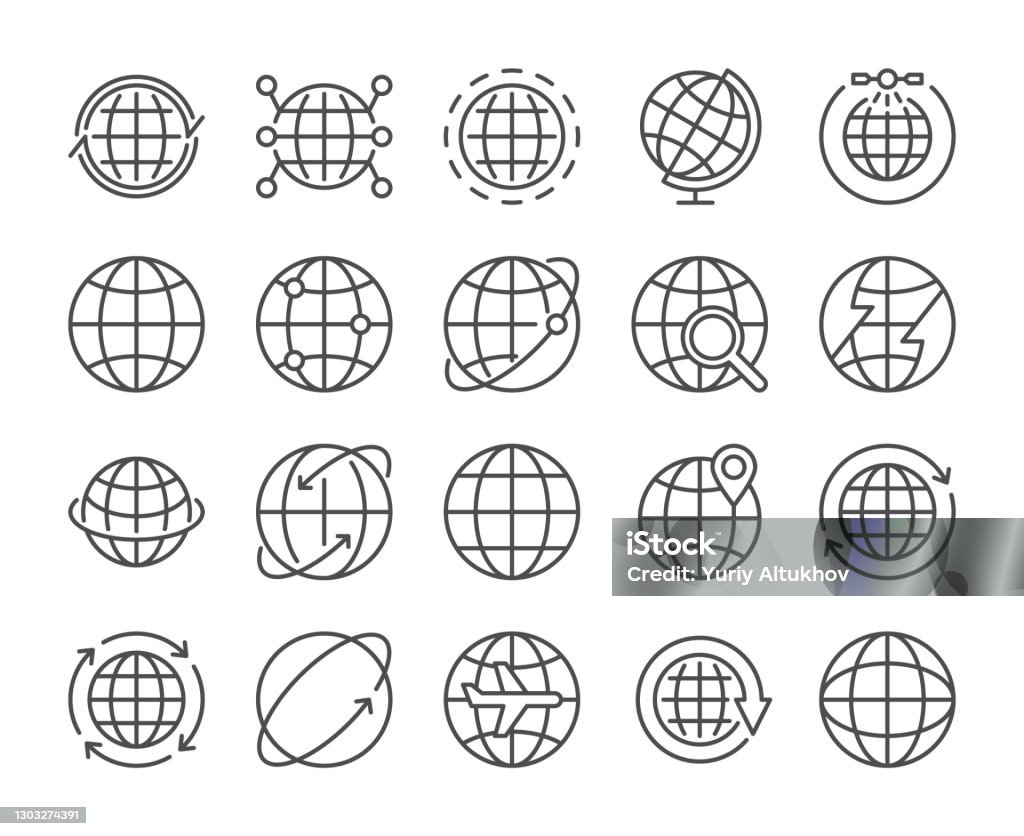 Icône de globe. Ensemble d’icônes de ligne de communication globale. Illustration vectorielle. Coup modifiable. - clipart vectoriel de Icône libre de droits