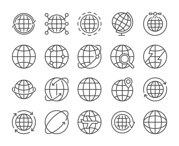 ikon bola dunia. ikon jalur komunikasi global disetel. ilustrasi vektor. stroke yang bisa diedit. - peta dunia ilustrasi stok