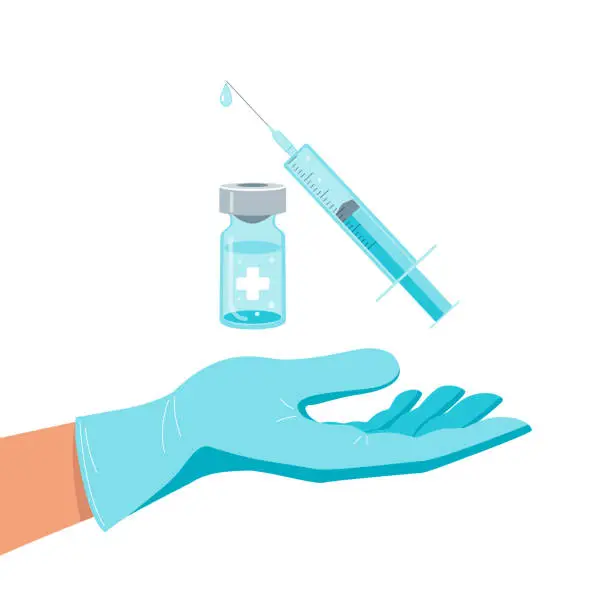Vector illustration of Ampoule vaccine syringe and doctor's hand