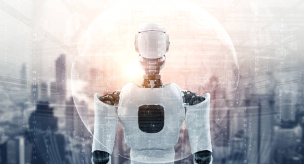 istock 3D illustration robot humanoid looking forward against cityscape skyline 1303275765