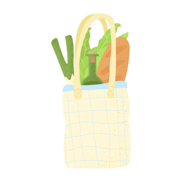 ilustrações de stock, clip art, desenhos animados e ícones de eco bag with nature goods from local grocery.  hand drawn elements of zero life waste in cartoons style vector. eco style. no plastic. go green - healthy eating freight transportation globe planet