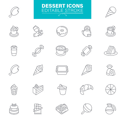 Set of sweet and bakery icons, such as cake, doughnut, bread, cheese, pie, editable icon set