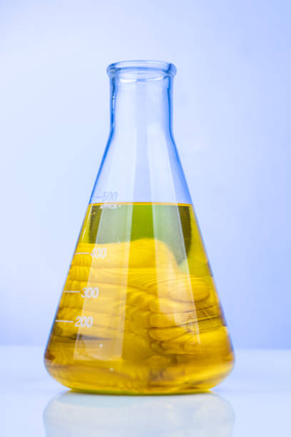 Ethanol biofuel derived from corn maze with beaker in laboratory with blue background. Maze reflected in biofule from background