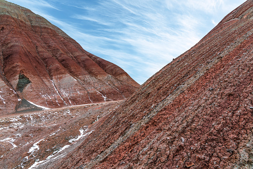 Gorgeous striped red mountains at winter