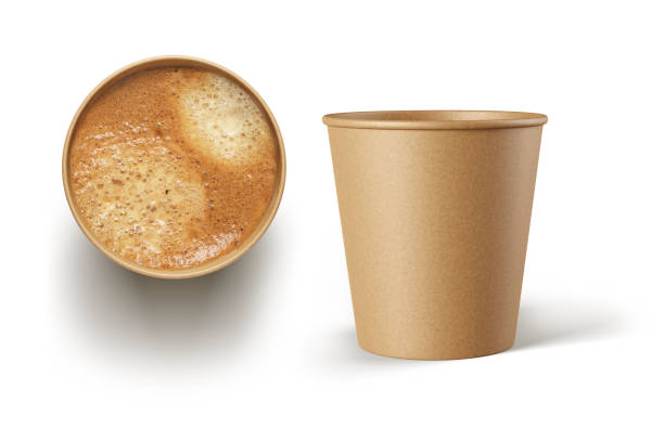 白で分離された完全な茶色の紙のコーヒーカップ。 - disposable cup ストックフォトと画像