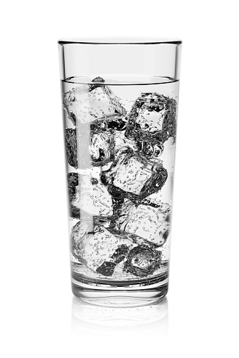 Highball glass of water with gas and ice cubes isolated on white background. 3D rendering illustration.