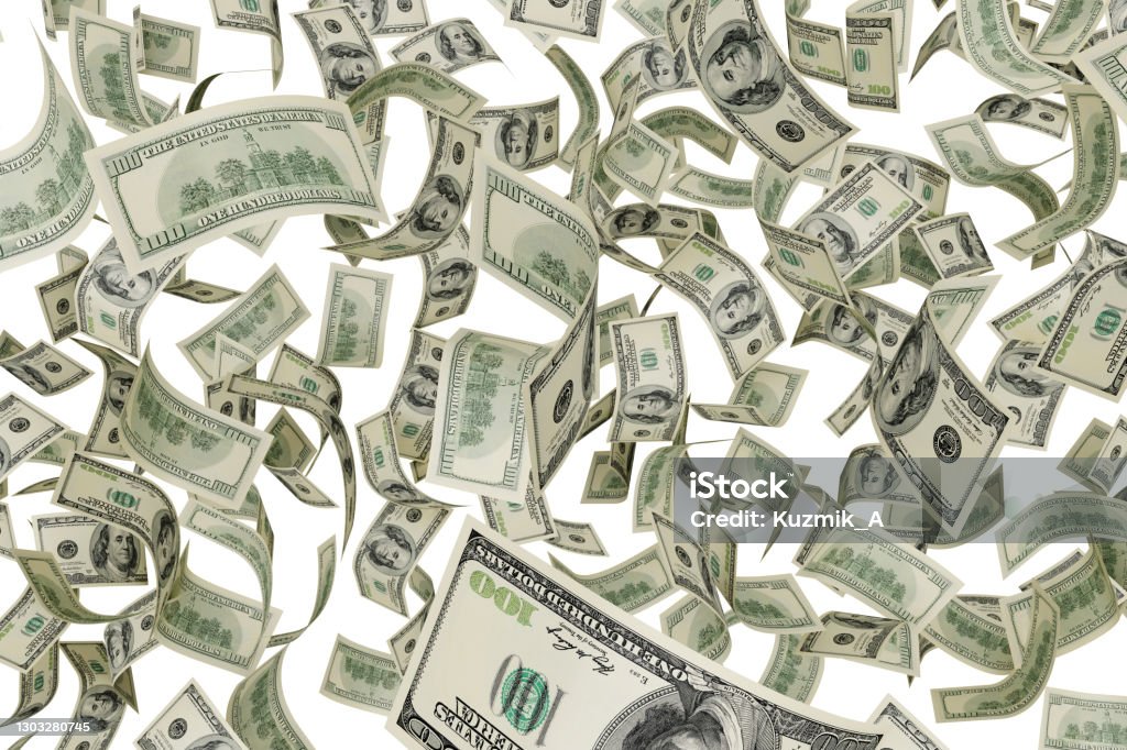 Rain of falling hundred dollar bills isolated on white. 3D rendering. Rain of many falling american hundred dollar bills isolated on white background. 3D rendering. US Paper Currency Stock Photo