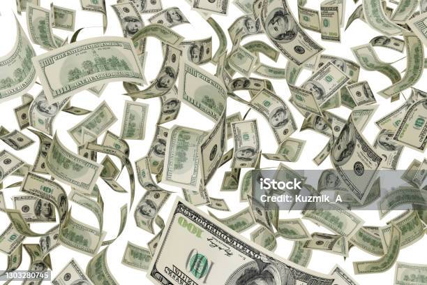 Rain Of Falling Hundred Dollar Bills Isolated On White 3d Rendering Stock Photo - Download Image Now