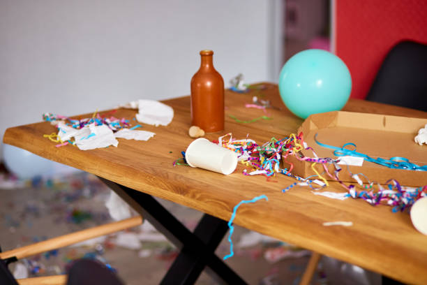 istock Messy wooden table at morning after party. 1303289081