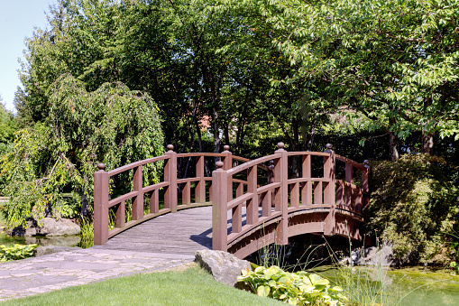 arched wooden bridge over the pond in the city park