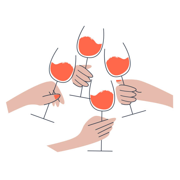 четыре руки с бокалами красного вина. векторная иллюстрация на белом фоне. - toast wine wineglass glass stock illustrations