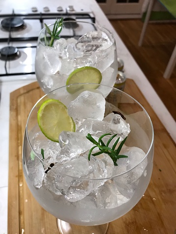 Gin tonic with different herbs and lemon