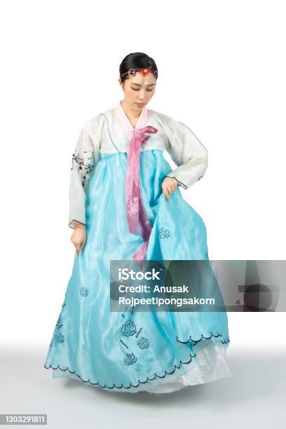 Korean Woman With Hanbok The Traditional Korean Dress In White Background Isolated Stock Photo - Download Image Now