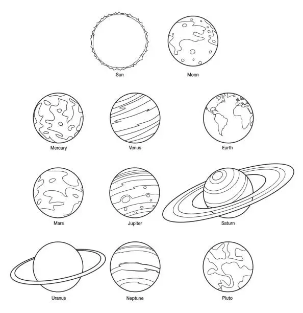 Vector illustration of Black And White Sun, moon and nine planets