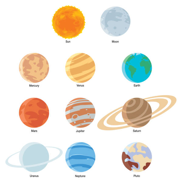 ilustraciones, imágenes clip art, dibujos animados e iconos de stock de sol, luna y nueve planetas - solar system