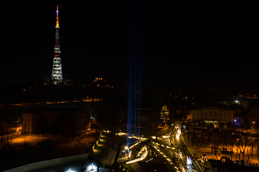 Lviv, Ukraine - February 20, 2021: Rays of the Maidan art event in memory of the Heavenly Hundred. Aerial view on Memorial of Heavenly Hundred Heroes, Lviv , Ukraine from drone