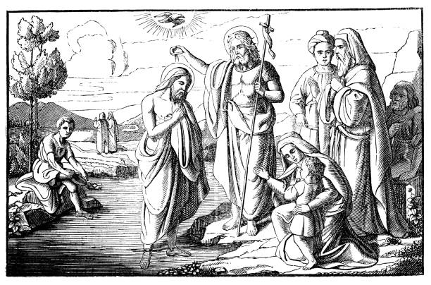 istock John the Baptist Baptizing Jesus in River Jordan.Bible,New Testament, Matthew 3. Vintage Antique Drawing 1303296453
