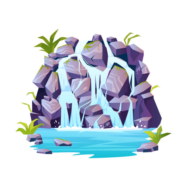 ilustraciones, imágenes clip art, dibujos animados e iconos de stock de paisaje de cascadas tropicales, montaña rocosa, río rápido icono de dibujos animados. paisaje tópico vectorial o selvático, salpicaduras y caídas de fluidos de la naturaleza. cascadas de agua, panorama de piedras rocosas, pureza del agua - water waterfall sky seascape