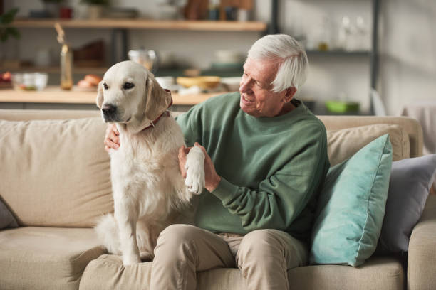 istock Senior man with dog at home 1303297920
