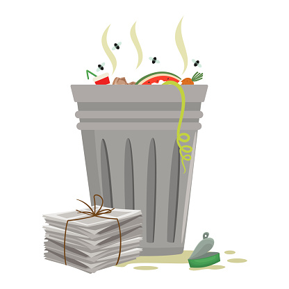 Trash Can Cartoon Icon Waste Paper Tin Can Lying Flies Flying Around Metal  Open Rubbish Bin Stock Illustration - Download Image Now - iStock
