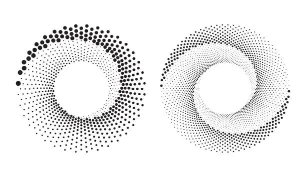 Vector illustration of Circle with halftone black dots as advertising background or logo or icon. Design spiral dots backdrop