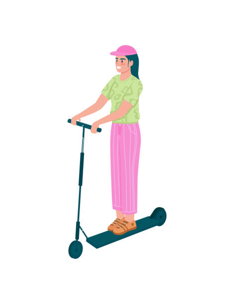 istock Happy girl on electric scooter flat color vector detailed character 1303302268