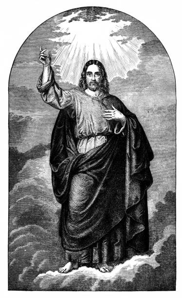 Jesus Christ in Heaven.Bible, New testament. Vintage Antique Drawing Jesus Christ in heaven. Vintage antique illustration or drawing. Bible, New Testament. heaven and jesus drawing stock illustrations
