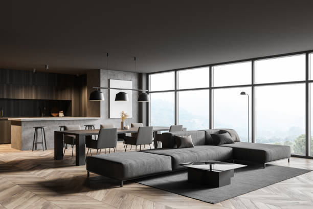 istock Panoramic gray living room corner 1303302320