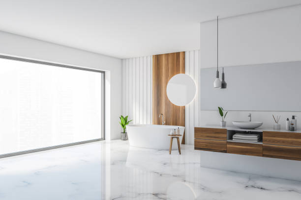 istock Modern white and wooden bathroom corner 1303302758