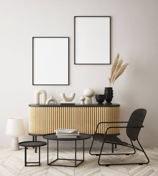 istock mock up poster frame in modern interior background, scandinavian style, 3D render 1303303529