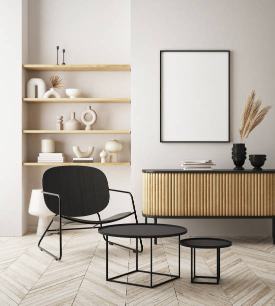 mock up poster frame in modern interior background, scandinavian style, 3D render