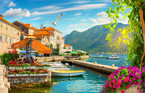 Bay of Kotor in Montenegro Historic city of Perast at Bay of Kotor in summer, Montenegro montenegro stock pictures, royalty-free photos & images