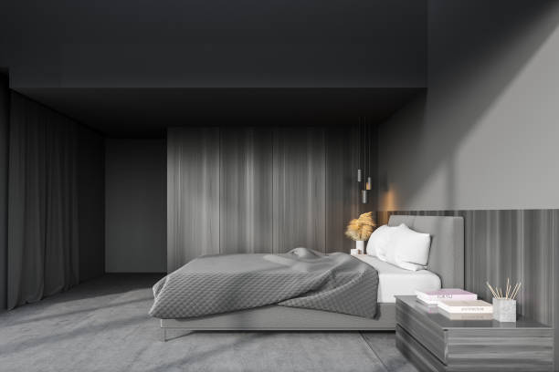 istock Panoramic gray and wooden master bedroom, side view 1303304146