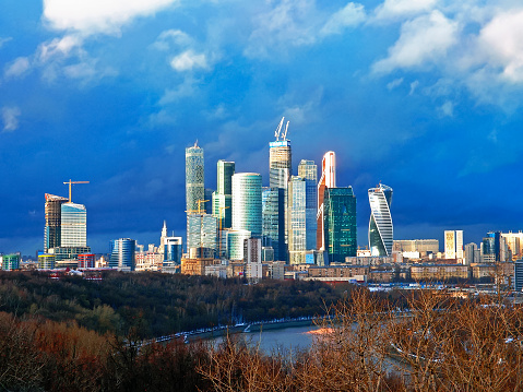 Winter Moscow, Moscow river. Residential and financial developments, Moscow business center. Skyscrapers on the background