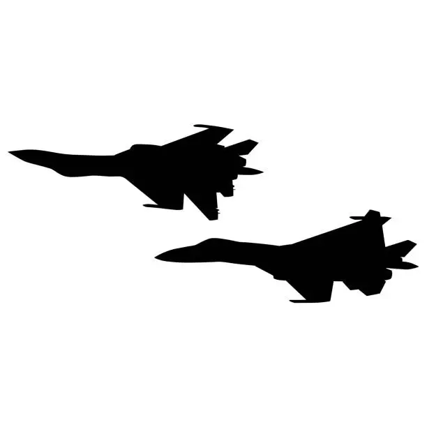 Vector illustration of Set silhouette military combat airplane on a white background