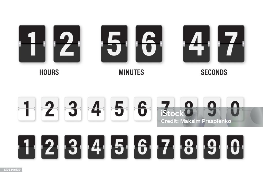 Uhr Countdown-Anzeige. Set Zahlen Flip Uhr. Schwarz-Weiß Datum Zähler Flip-Anzeige isoliert auf weißem Hintergrund. - Lizenzfrei Countdown Vektorgrafik