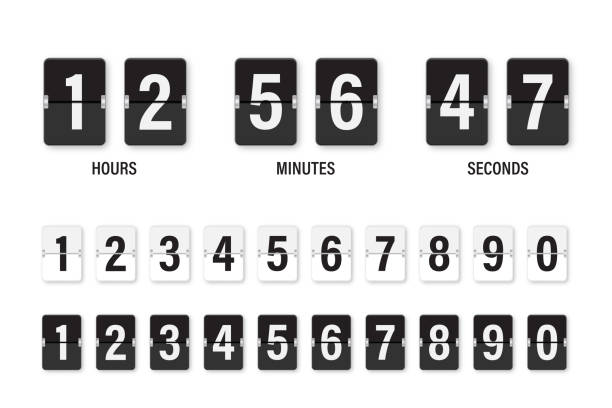 Clock countdown display. Set numbers flip watch. Black and white date counter flip display isolated on white background. Clock countdown display. Set numbers flip watch. Black and white date counter flip display isolated on white background. Vector illustration. countdown stock illustrations