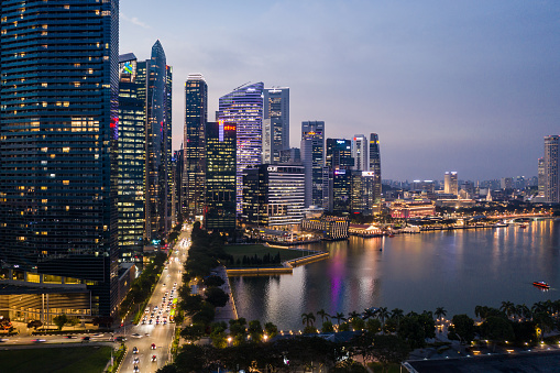 Sunset over Singapore financial district and the Marina Bay waterfront in Southeast Asia main business district