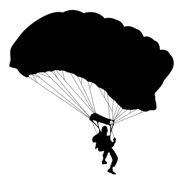 ilustrações de stock, clip art, desenhos animados e ícones de skydiver, silhouettes parachuting on white background - parachute parachuting skydiving silhouette