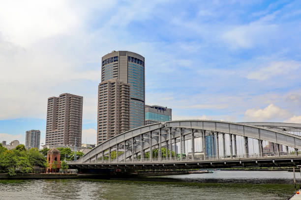 istock Large silver bridge over Okawa River in Osaka 1303309085