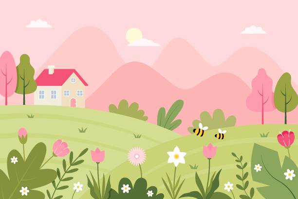 ilustrações de stock, clip art, desenhos animados e ícones de spring landscape with cute house, bees and flowers - spring tulip field flower